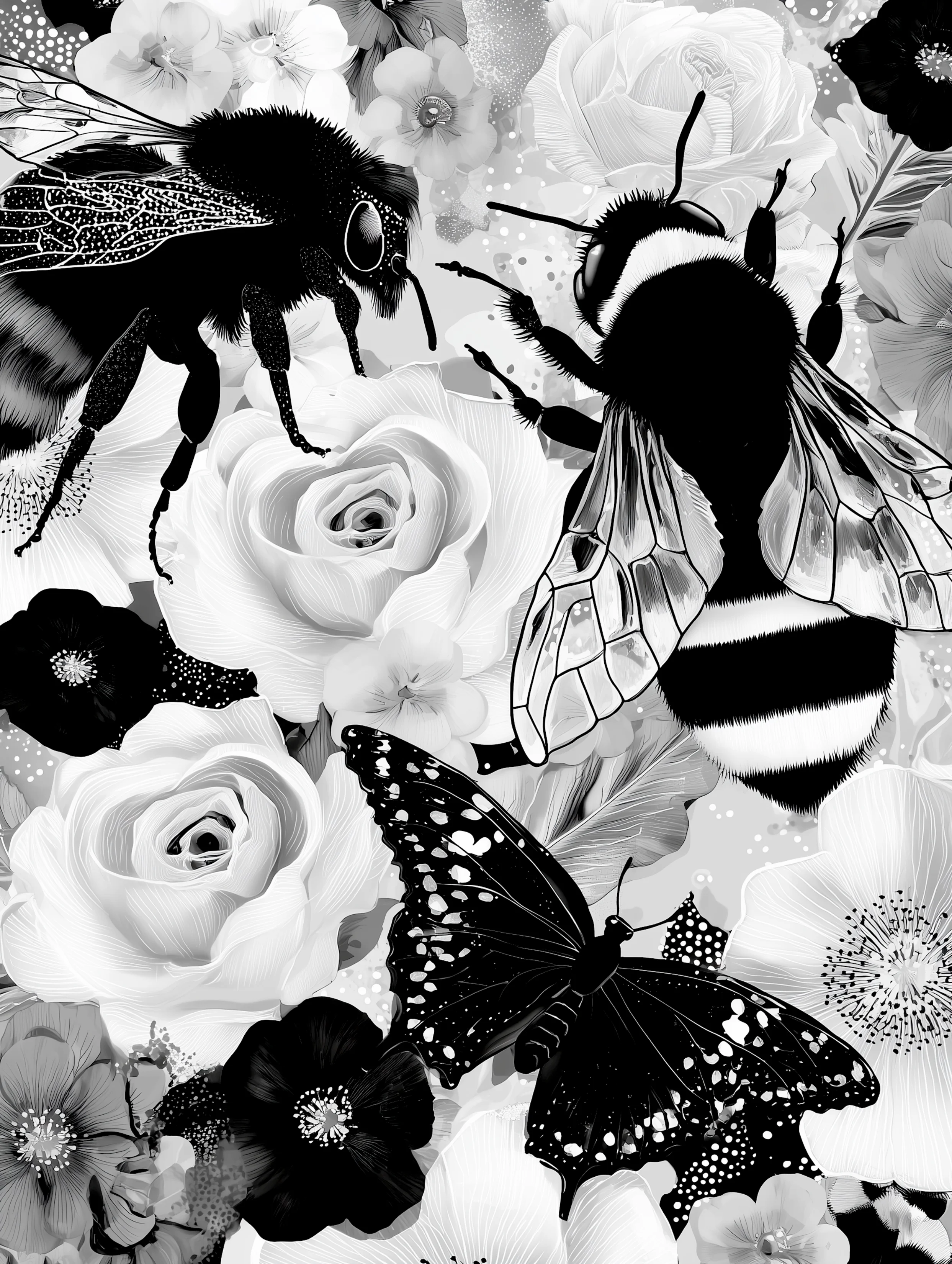 Free printable bee coloring page for adults featuring butterfly and bees